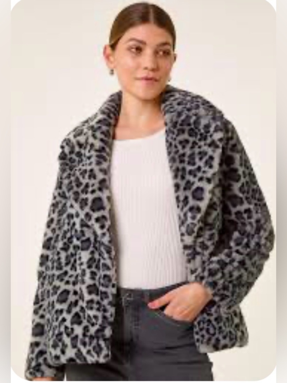 Elan Gray Faux Fur Jacket with Leopard Print